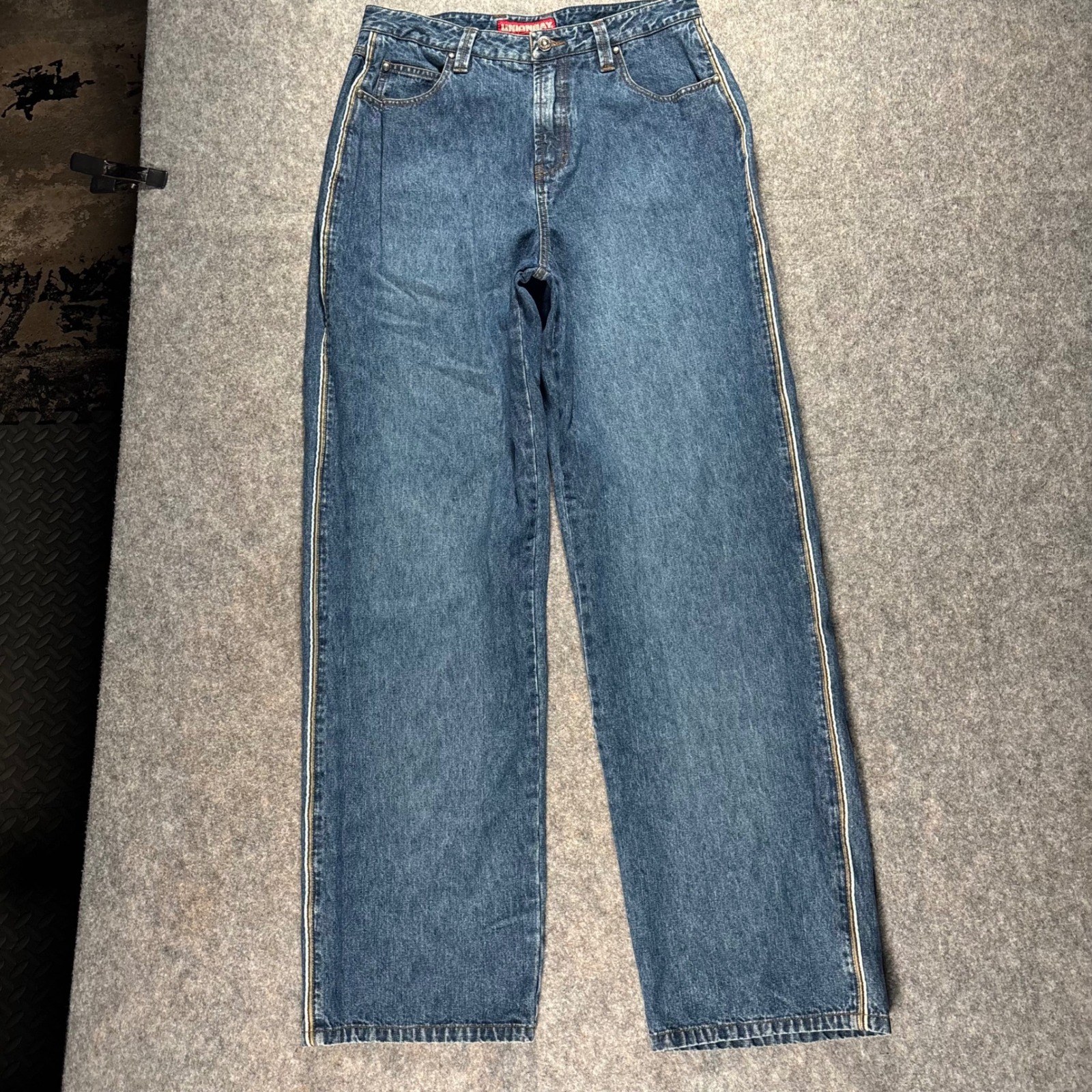 Vtg Unionbay Jeans Juniors Sz 13 31x33 Stripe Side Leg Wide Leg Baggy Loose Blue